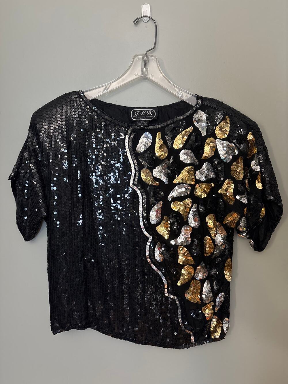 J.L.B Paris Hong Kong 100% Silk Fully Sequined Top 1980's Size Med
